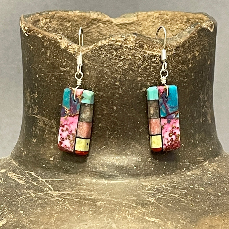 Mary Tafoya, Kewa (Santo Domingo) Pueblo, Native American Multi-Stone Mosaic Dangle Earrings   (5/256)