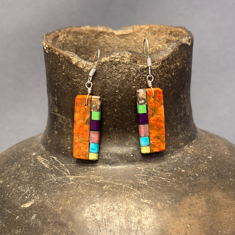 Mary Tafoya, Kewa (Santo Domingo) Pueblo, Native American Multi-Stone Mosaic Dangle Earrings   (5/258)