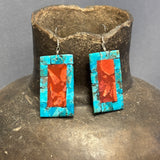 Santo Domingo Turquoise and Spiny Oyster Shell Mosaic Dangle Earrings, Authentic Native American    (5/262)