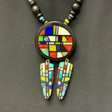 Chris Nieto, Santo Domingo (Kewa) Mosaic Inlay Feather Dangle Necklace Made with Turquoise, Mother of Pearl and other Natural Stones (5/264)