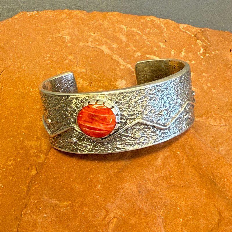Gary Custer, Navajo Sterling Silver Tufa Cast Bracelet with Spiny Oyster Shell  (5/275)