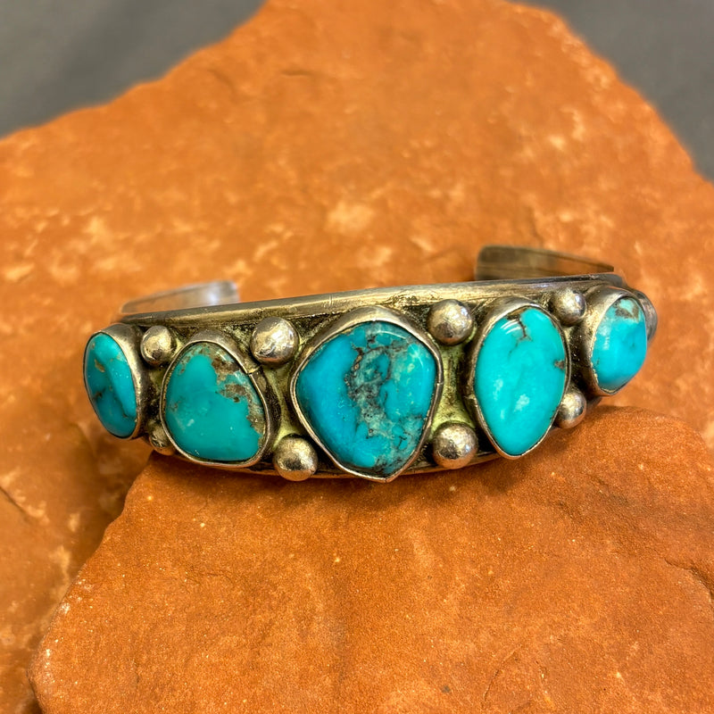 Authentic Navajo Five Stone Bracelet with Natural Turquoise, vintage (5/281)
