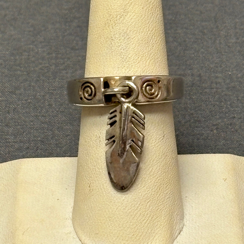 Ray Tracey, Navajo Contemporary Stamped Silver Band with Feather Dangle - size 6 1/2   (5/30)