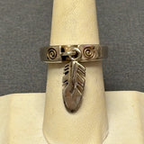 Ray Tracey, Navajo Contemporary Stamped Silver Band with Feather Dangle - size 6 1/2   (5/30)