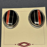 Navajo Sterling Silver Channel Inlay Earrings with Black Jet and Spiny Oyster Shell  (5/37)