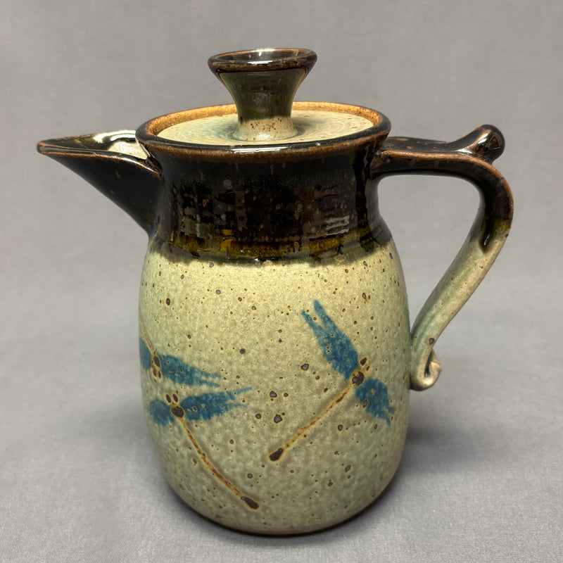 Mel Cornshucker, Cherokee, Dragonfly Pattern Pottery Pitcher with Lid