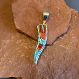David Tune, Navajo sterling silver & cobblestone inlay pendant with red coral and turquoise. Authentic Navajo (5/63)