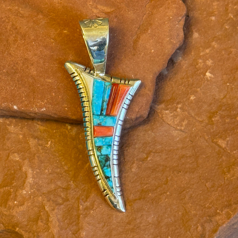 David Tune, Navajo sterling silver & cobblestone inlay pendant with red coral and turquoise and ivory. Authentic Navajo (5/64)