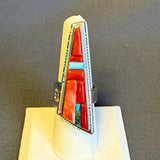 David Tune, Navajo sterling silver & cobblestone inlay ring with red and peach coral and turquoise. Authentic Navajo (5/65)