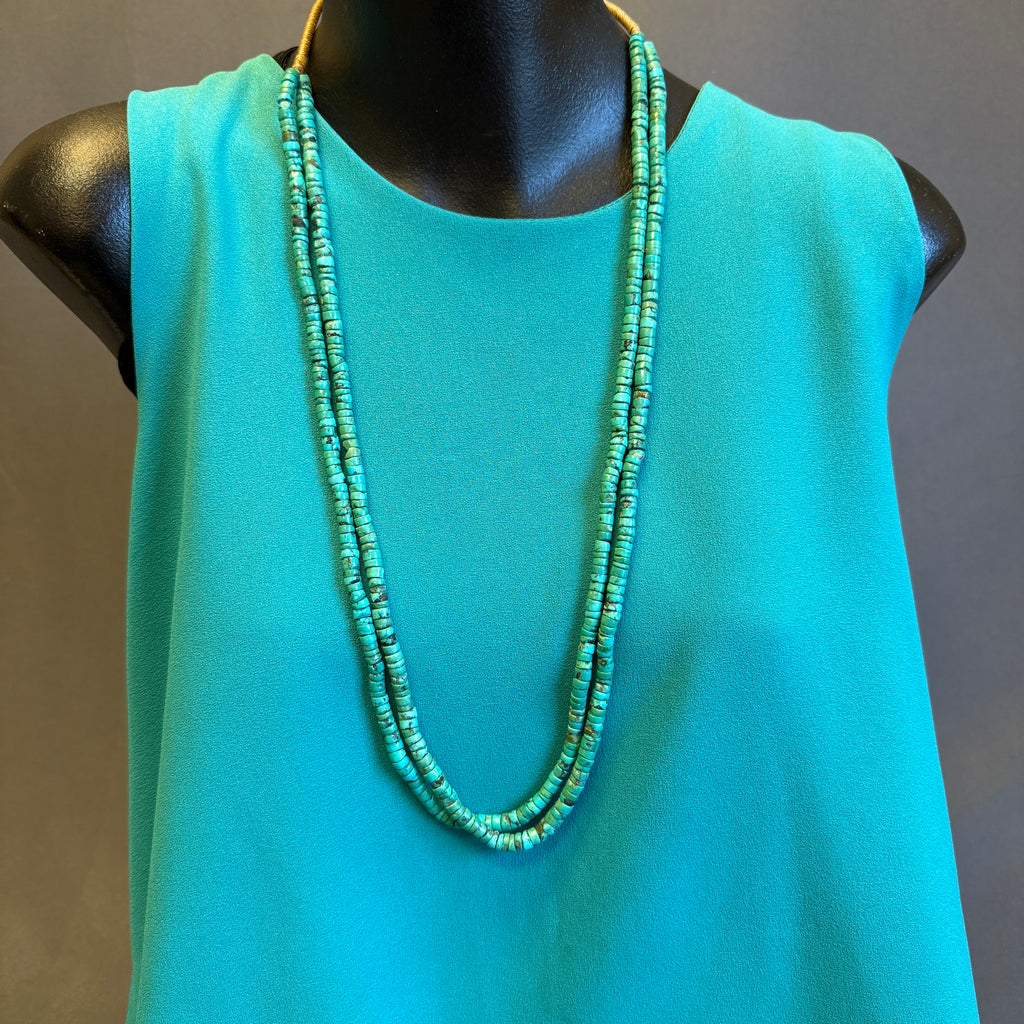 Vintage hand cut turquoise double strand beaded necklace with traditional wrap - ca. 1950s (5/67)