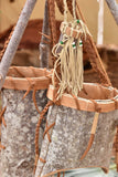 Nolberto Gillespie, Echota Cherokee Tulip Poplar Bark Wall-Hanging Basket with Feathers, vintage Native American  (WHC17)