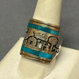 Gilbert Begay, Navajo Silver Overlay Storyteller Ring with Turquoise Inlay - size 10    (6/66)