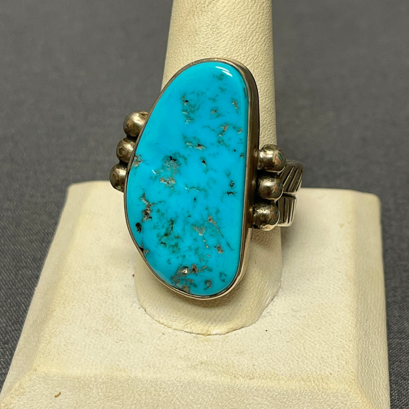Authentic Navajo Large Sterling Silver and Blue Turquoise Ring with Feather Design Band - size 11   (6/67)