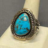 Will Denetdale, Navajo Sterling Silver Shadowbox Ring with Blue Turquoise and Silver Overlay Band, authentic Native American-size 12  (6/68)