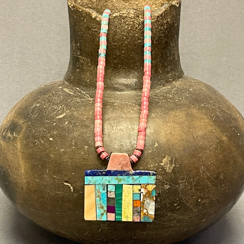 Mary Louise Tafoya, Kewa (Santo Domingo) Pueblo Multi-Stone Mosaic Pendant on Shell and Turquoise Beaded Necklace (6/86)