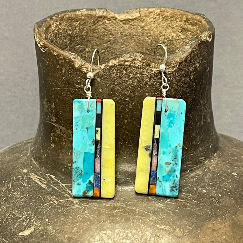Mary Tafoya, Kewa (Santo Domingo) Pueblo, Native American Turquoise Mosaic Dangle Earrings   (6/87)