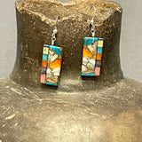 Mary Tafoya, Kewa (Santo Domingo) Pueblo, Native American Multi-Stone and Turquoise Mosaic Dangle Earrings   (6/91)