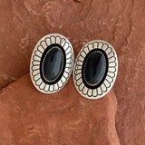 Tommy Jackson Traditional Navajo Shadowbox Sterling Silver and Onyx Clip Earrings (MC9)