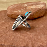 Turquoise and Sterling Silver Scrollwork and Rope Detail Ring, Authentic Navajo - size 7.5  (HV15)