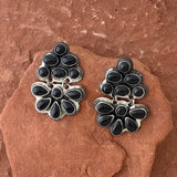 Black onyx cluster style Navajo earrings - post closure - signed Geneva J A (KO21)