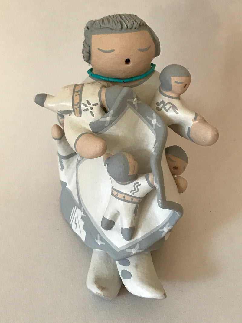 Ramona "Mona" Teller, Isleta Pueblo Clay Storyteller Sculpture with Five Babies and Turquoise Necklace, authentic Native American   (AR14)