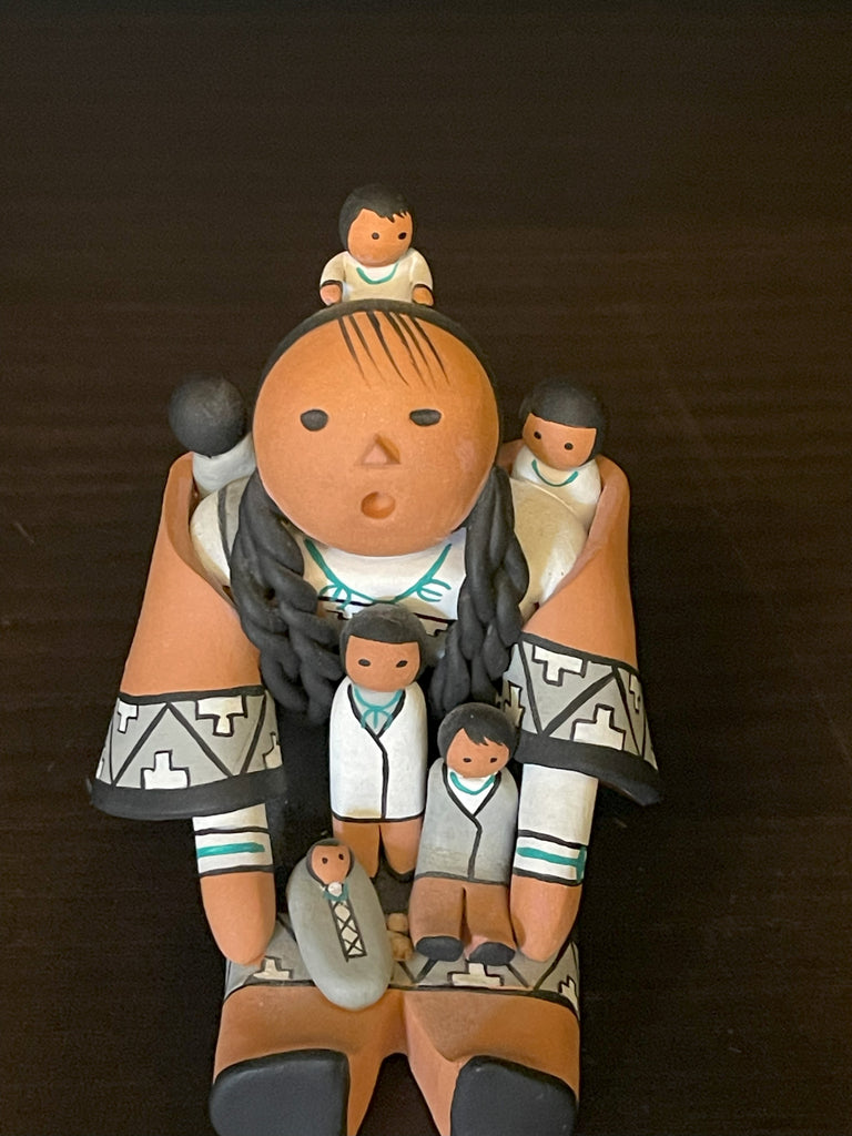 Authentic Native American clay Storyteller sculpture with 5 children and one baby - Artist: Marylou Kokaly, Isleta Pueblo (AR26)