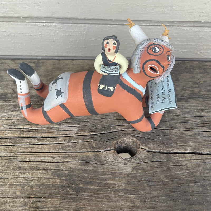 Chris Fragua, Jemez Pueblo Clay Storyteller Sculpture-Koshare Figure Clown and Child Reading Books, authentic Native American   (AR3)