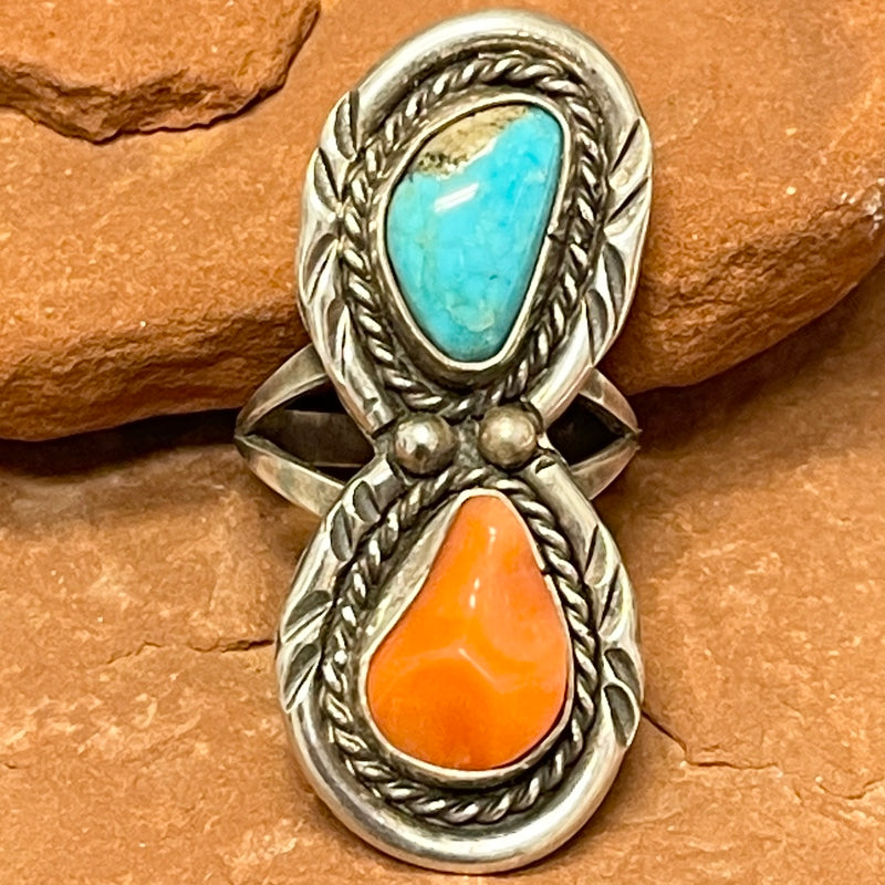 Vintage Navajo Sterling Silver Ring with Turquoise and Coral  (AS172)