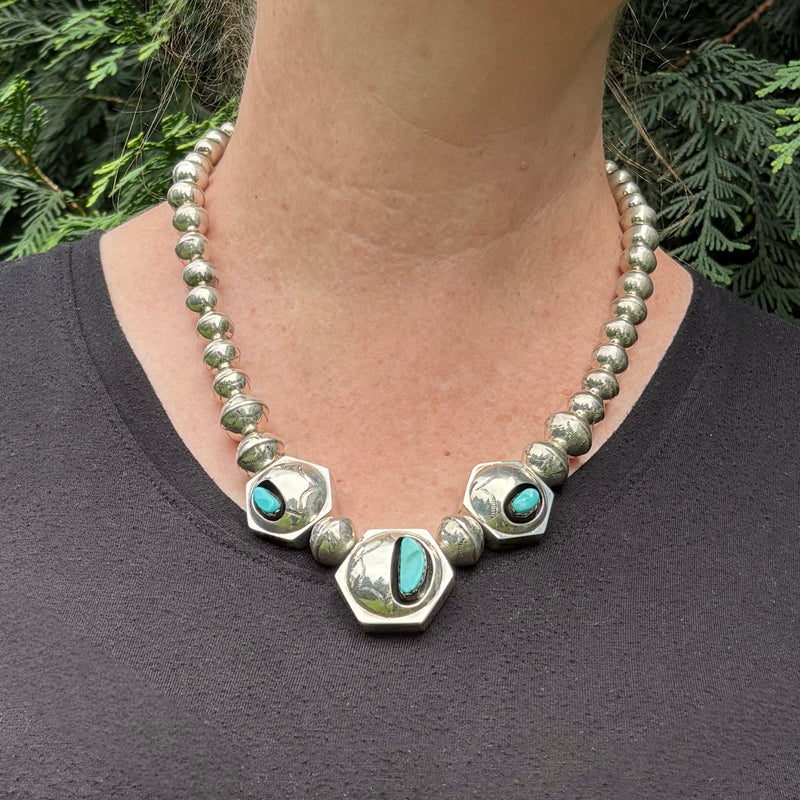 Mike Chee, Navajo Sterling Silver Beaded Necklace with Hexagonal Shadowbox Pendants and Turquoise, vintage   (SP5)