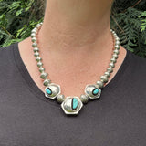 Mike Chee, Navajo Sterling Silver Beaded Necklace with Hexagonal Shadowbox Pendants and Turquoise, vintage   (SP5)