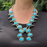 Vintage Navajo Squash Blossom Necklace with Turquoise Stones, authentic Native American  (SP2)