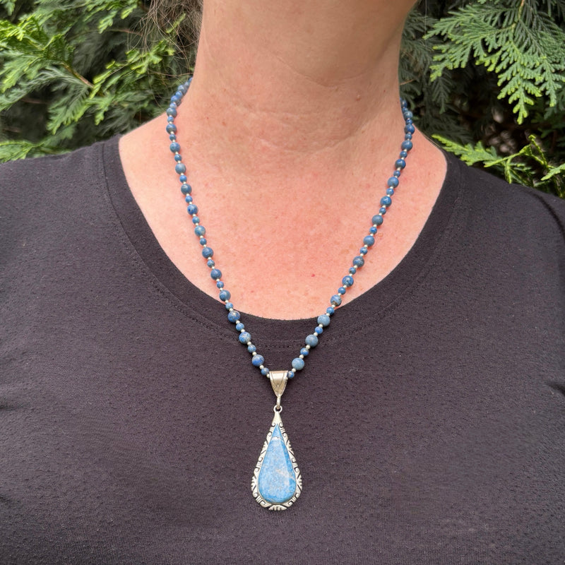 Authentic Navajo Sterling Silver and Denim Lapis Pendant on Denim Lapis Beaded Necklace, vintage Native American   (SP13)