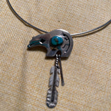 Sterling Silver Navajo Bear Fetish Pin/Pendant with Turquoise Stone and Kokopelli Design on Wire Choker, vintage   (BH119)