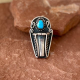 Turquoise and Sterling Silver Scrollwork and Rope Detail Ring, Authentic Navajo - size 7.5  (HV15)