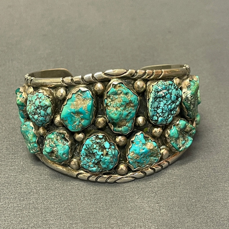 Authentic Navajo Sterling Silver Bracelet with 17 Natural Turquoise Stones, vintage  (CR13)