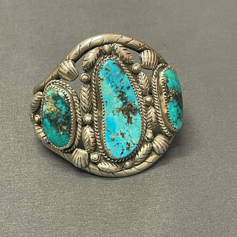 Vintage Navajo Turquoise Bracelet with Silver Leaf and Shell Design, authentic Native American   (CR14)