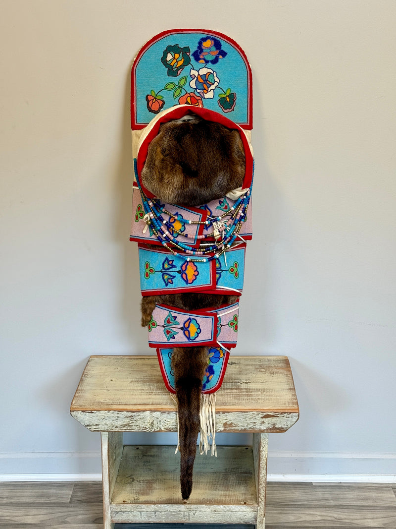 Magdeline Stewart Crow full size Traditionally Beaded Replica Cradleboard with Otter Pelt (GM682)