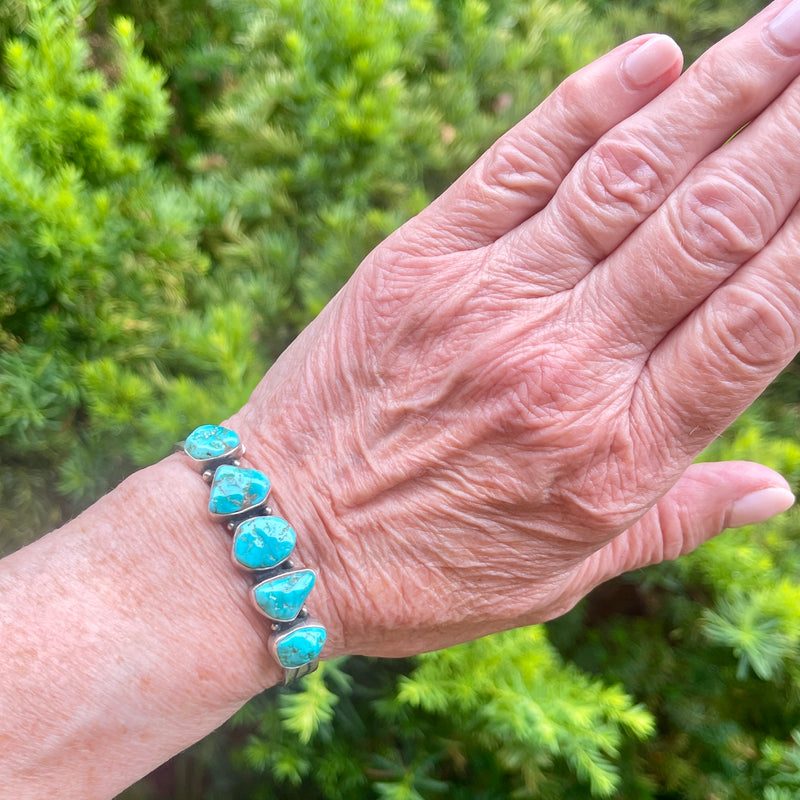 Beautiful popular Vintage Native American Navajo Hand Stamped Coral and Morenci Turquoise Shadowbox Cuff Bracelet