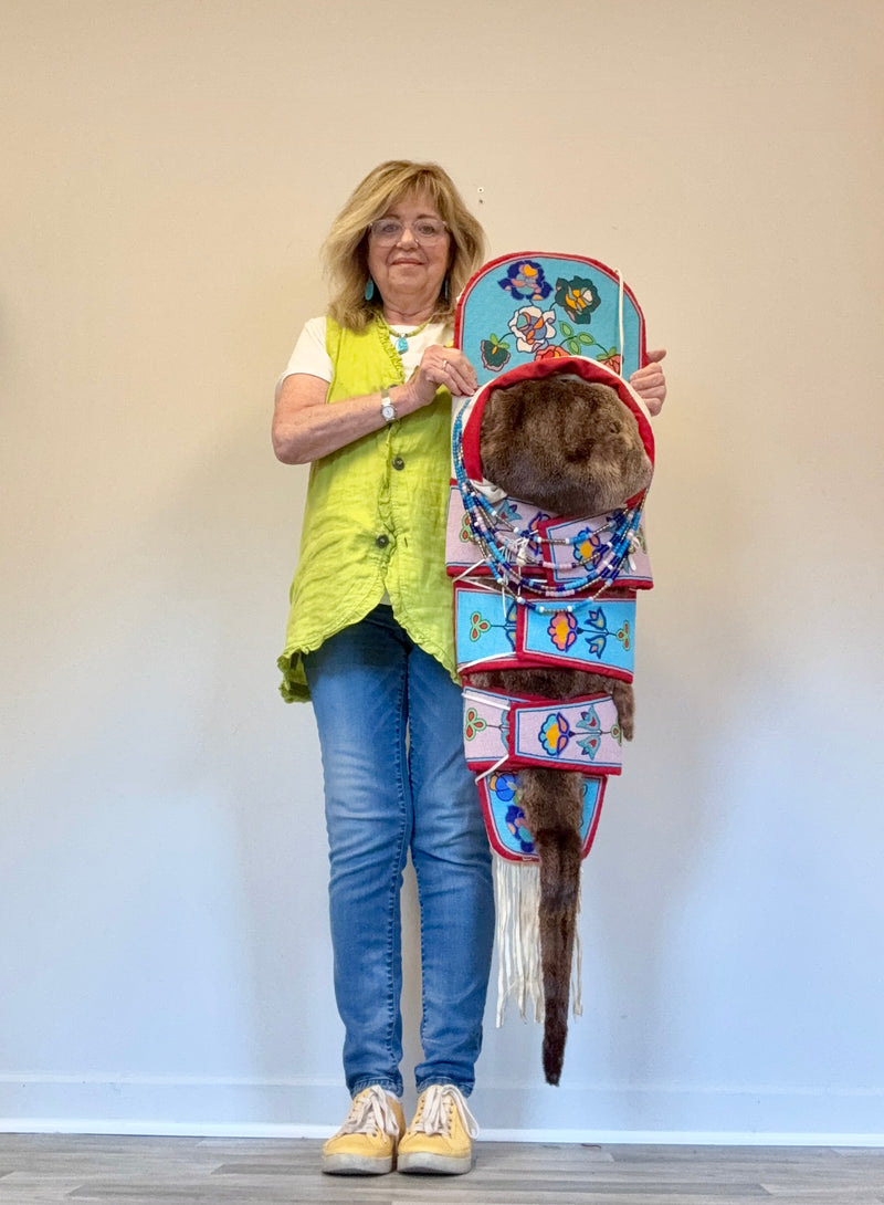 Magdeline Stewart Crow full size Traditionally Beaded Replica Cradleboard with Otter Pelt (GM682)