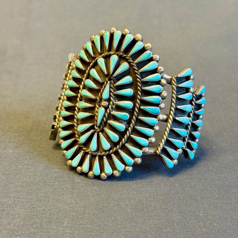 Silver and Turquoise Genuine Zuni Cuff Bracelet with an array of teardrop-shaped stones, vintage  AS235