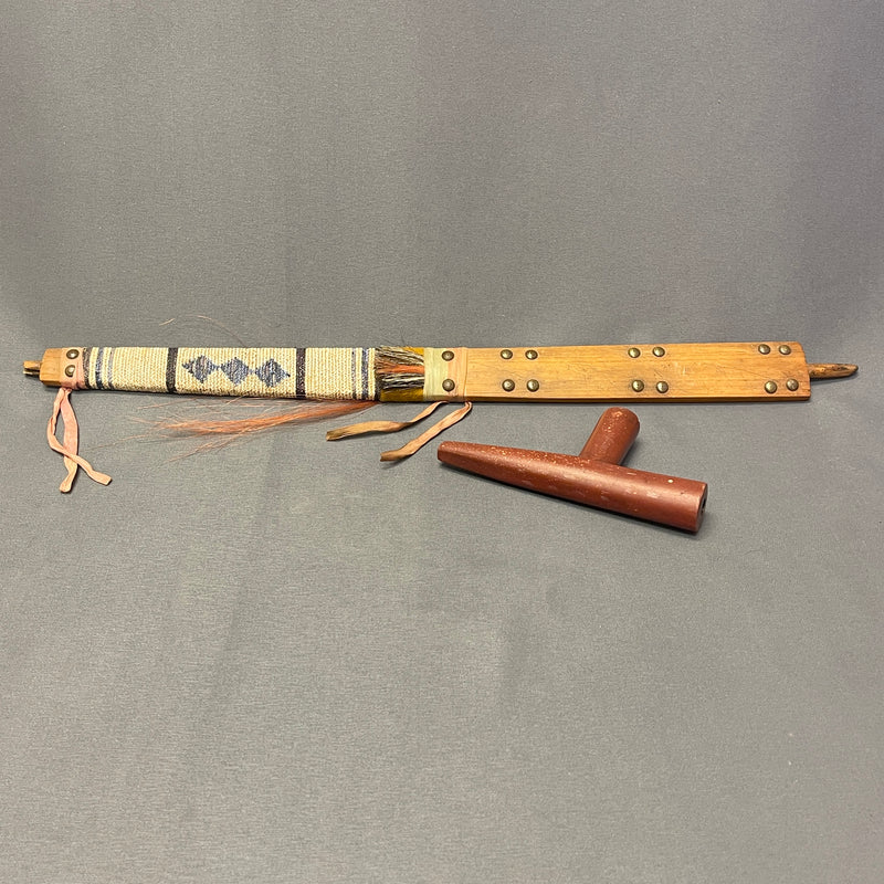 Vintage Lakota Sioux Wooden Pipe with Porcupine Quill Wrap and Carved Pipestone Bowl   (GM345)