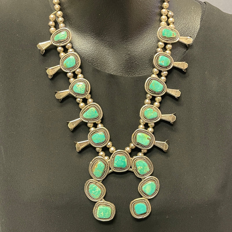 Vintage Navajo Turquoise and Sterling Silver Squash Blossom Necklace, authentic Native American  (GSP2)