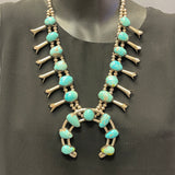 Vintage Navajo Sterling Silver Squash Blossom Necklace with Turquoise Stones, authentic Native American  (GSP3)