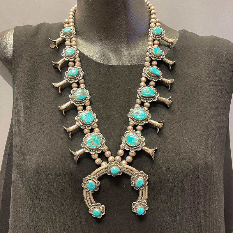 Vintage Navajo Squash Blossom Necklace with Turquoise Stones, authentic Native American  (GSP4)