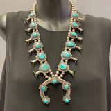 Vintage Navajo Squash Blossom Necklace with Turquoise Stones, authentic Native American  (GSP4)