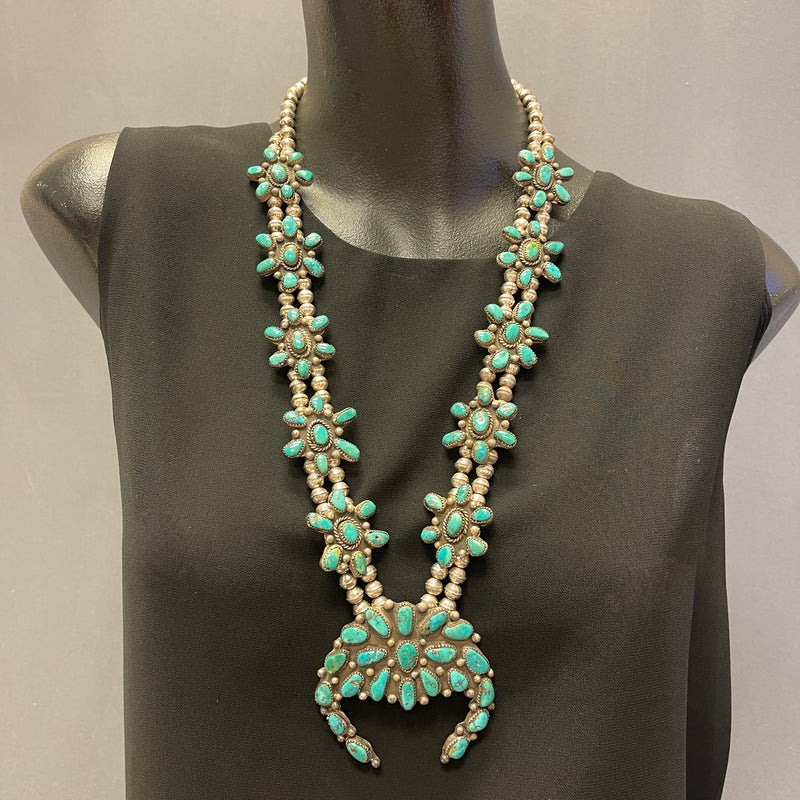 Authentic Navajo Turquoise Cluster Blossom Necklace on Sterling Silver Beads, vintage   (GSP5)