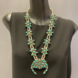 Authentic Navajo Turquoise Cluster Blossom Necklace on Sterling Silver Beads, vintage   (GSP5)