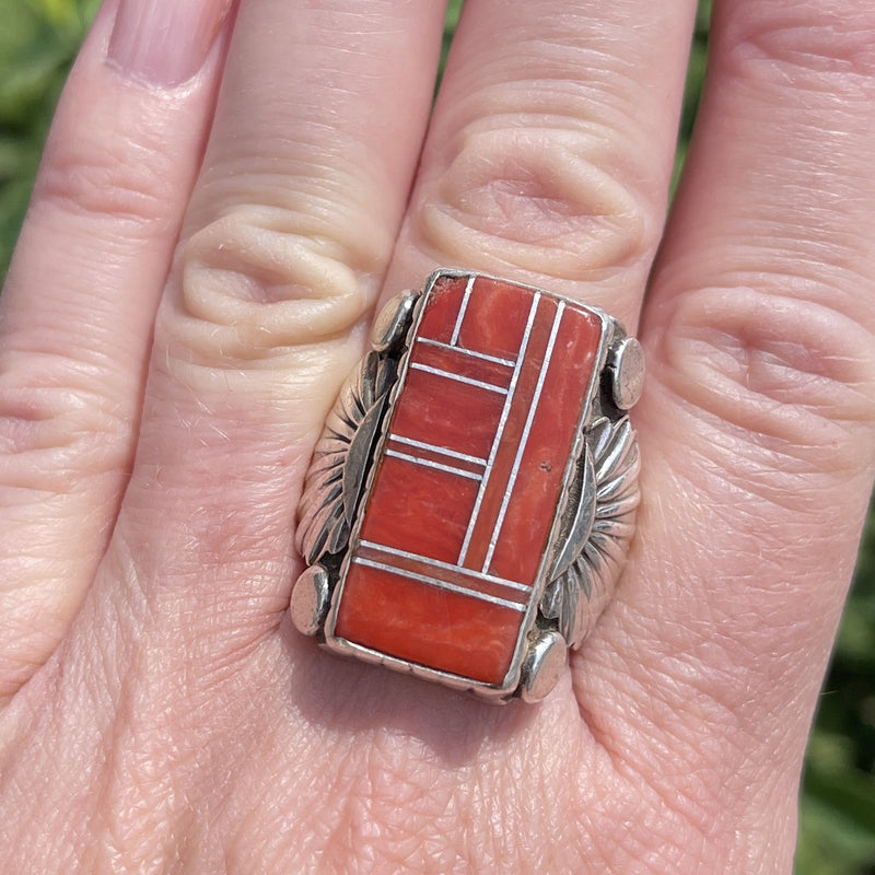 Genuine Navajo Channel Inlay Coral Ring, vintage - size 10.5    (JF33)
