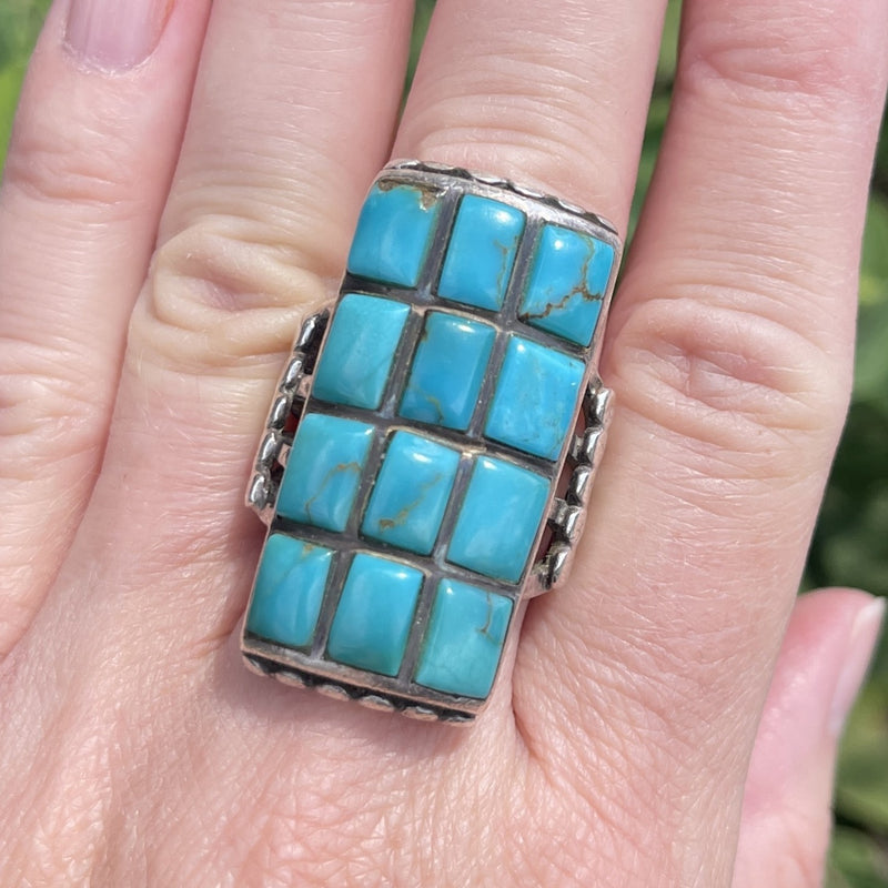 Navajo Cobblestone Inlay Sterling Silver and Turquoise Ring, Authentic Native American, vintage  - size 9.5   (JF29)