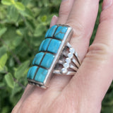 Navajo Cobblestone Inlay Sterling Silver and Turquoise Ring, Authentic Native American, vintage  - size 9.5   (JF29)